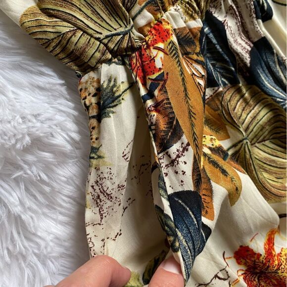 Tropical Hawaiian Floral Pants Jumpsuit Slit Legs Tie Ankle Elastic Waist Thin - Picture 8 of 10